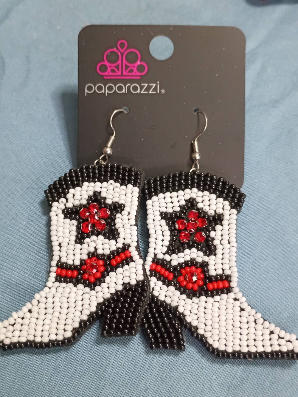 paparazzi Black, White & Red Beaded Cowboy Boot Earrings